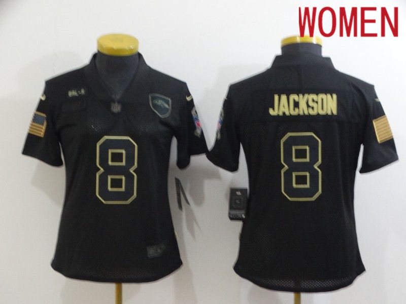 Women Baltimore Ravens #8 Jackson Black Retro Gold Lettering 2020 Nike NFL Jersey